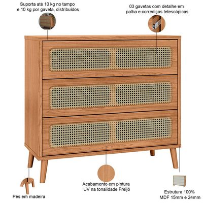 Cômoda Para Quarto 3 Gavetas Com Palha 105cm Pés Retrô Arnoni D03 Freijó - Lyam Decor