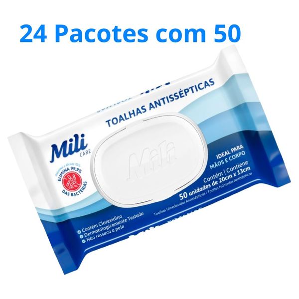 Lenço Umedecido ou Toalhas Antissépticas Mili 24 pacotes c/ 50 (total: 1200 toalhas)