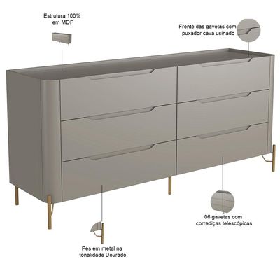 Cômoda Para Quarto Closet Orgânica 6 Gavetas Pés Industrial Dourado Bliss I03 Grigio - Lyam Decor