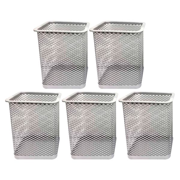 Kit 5 Porta Canetas Organizador de Mesa Quadrado Telado Aramado Grampos Clips Escritório Home Office Prata
