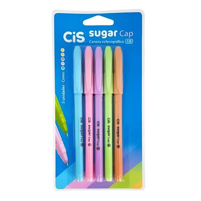 Kit Canetas-Esferográficas Sugar Cap 1.0mm - Escrita Fina - 5 Cores Tom Pastel