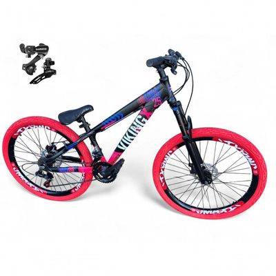 Bicicleta Aro 26 Vikingx Tuff Câmbios Shimano 21v Freeride Freio A Disco Aro Vmaxx Pneu Flame preto-rosa X25