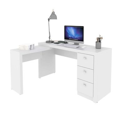 Kit Escritório 6 Peças Mesa para Escritório em L Balcão Gaveteiro Armário Multiuso 2 Estantes Branco