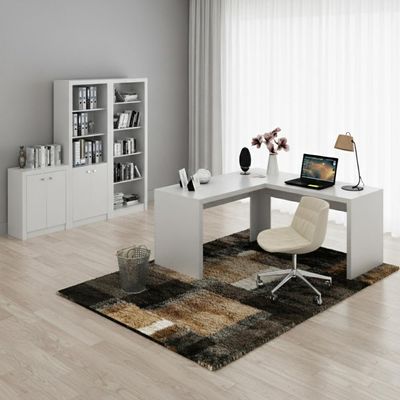 Kit 4 peças com 1 Escrivaninha em L, 2 Estantes e 1 Balcão Branco