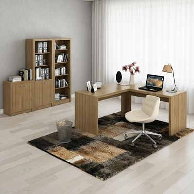 Kit 4 peças com 1 Escrivaninha em L, 2 Estantes e 1 Balcão Amendoa
