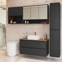 Conjunto para Banheiro 176cm com 4 Peças Gabinete Suspenso Berlin Grafite com Cuba Branca