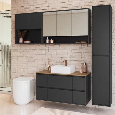 Conjunto para Banheiro 176cm com 4 Peças Gabinete Suspenso Berlin Grafite com Cuba Branca