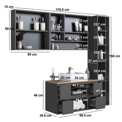 Conjunto para Banheiro 176cm com 4 Peças Gabinete Suspenso Berlin Grafite com Cuba Branca
