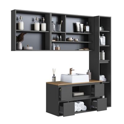 Conjunto para Banheiro 176cm com 4 Peças Gabinete Suspenso Berlin Grafite com Cuba Branca