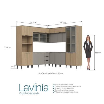 Cozinha Lavinia 11 Peças Com Cristaleira Aéreo De Vidro E Canto Imperial Fume J Carvalho