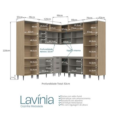 Cozinha Lavinia 11 Peças Com Cristaleira Aéreo De Vidro E Canto Imperial Fume J Carvalho