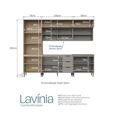 Cozinha Lavinia 7 Peças Com Aéreo De Vidro Imperial Fume J Carvalho