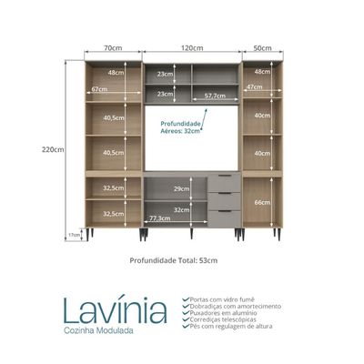Cozinha Lavinia 4 Peças Com Paneleiro Com Porta De Vidro Aéreo De Vidro Imperial Fume J Carvalho