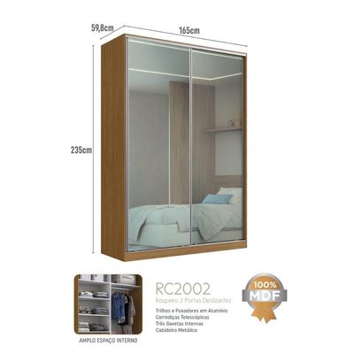 Guarda Roupa Solteiro Espelho 2 Portas de Correr Freijó Natural 165x59,8x235cm RC2002 Emovell