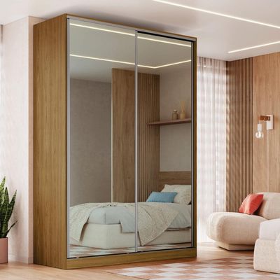 Guarda Roupa Solteiro Espelho 2 Portas de Correr Freijó Natural 165x59,8x235cm RC2002 Emovell