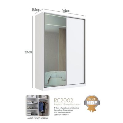 Guarda Roupa Solteiro com Espelho Branco 165x59,8x235cm 2 Portas de Correr RC2002 Emovell