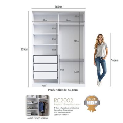 Guarda Roupa Solteiro com Espelho Branco 165x59,8x235cm 2 Portas de Correr RC2002 Emovell