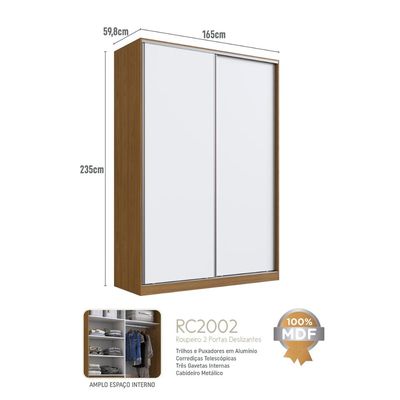 Guarda Roupa Solteiro 2 Portas Freijó Natural Branco 165x59,8x235cm RC2002 Emovell