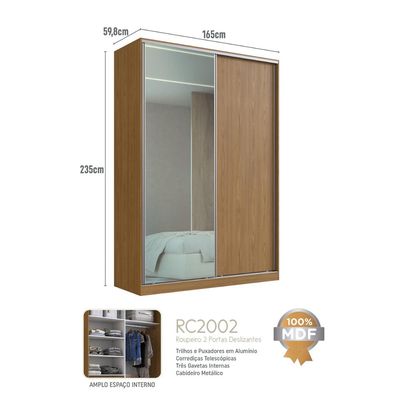 Guarda Roupa Solteiro 165x59,8x235cm 2 Portas de Correr Freijó Natural Espelho RC2002 Emovell