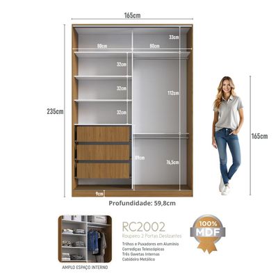 Guarda Roupa Solteiro 165x59,8x235cm 2 Portas de Correr Freijó Natural Espelho RC2002 Emovell