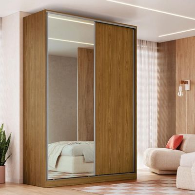 Guarda Roupa Solteiro 165x59,8x235cm 2 Portas de Correr Freijó Natural Espelho RC2002 Emovell