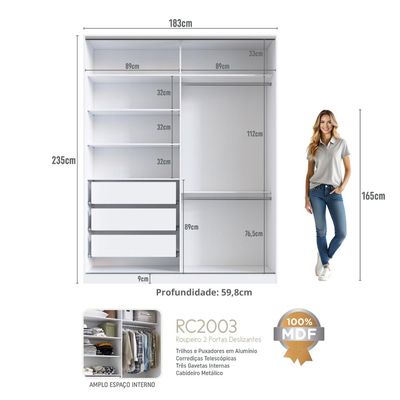 Guarda Roupa Solteiro Espelho 2 Portas 3 Gavetas Branco 183x59,8x235cm RC 2003 Emovell