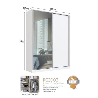 Guarda Roupa Solteiro Espelho 2 Portas 3 Gavetas Branco 183x59,8x235cm RC 2003 Emovell