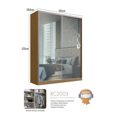 Guarda Roupa Solteiro Espelho 2 Portas de Correr Freijó Natural 183x59,8x235cm Emovell