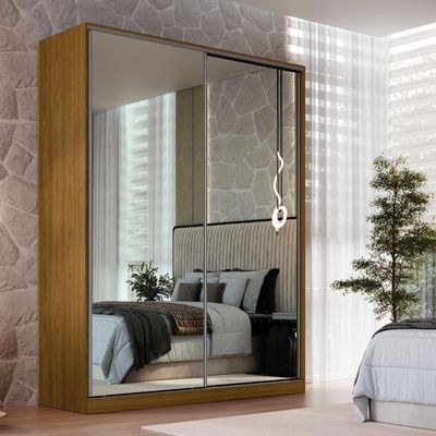 Guarda Roupa Solteiro Espelho 2 Portas de Correr Freijó Natural 183x59,8x235cm Emovell