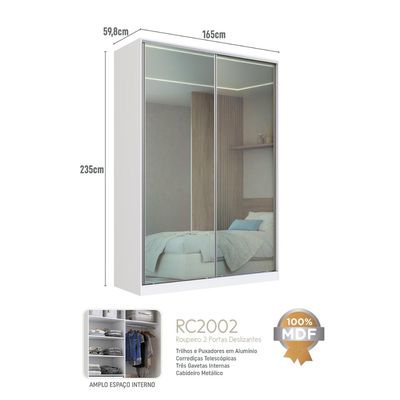 Guarda Roupa Solteiro com Espelho 2 Portas de Correr Branco 165x59,8x235cm RC2002 Emovell