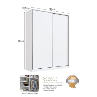 Guarda Roupa Solteiro Branco 183x59,8x235cm 2 Portas 3 Gavetas RC 2003 Emovell