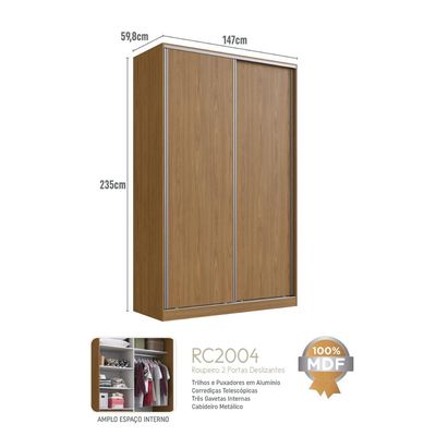 Guarda Roupa Solteiro 147x59,8x235cm 2 Portas 3 Gavetas Freijó Natural RC2004 Emovell