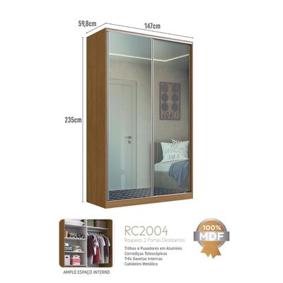 Guarda Roupa Solteiro 147x59,8x235cm Espelho 2 Portas de Correr Freijó Natural RC2004 Emovell
