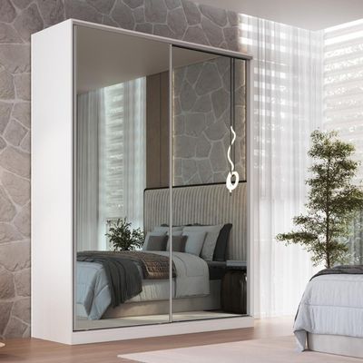 Guarda Roupa Solteiro Branco Espelho 2 Portas de Correr 183x59,8x235cm Emovell