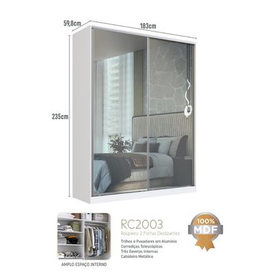 Guarda Roupa Solteiro Branco Espelho 2 Portas de Correr 183x59,8x235cm Emovell