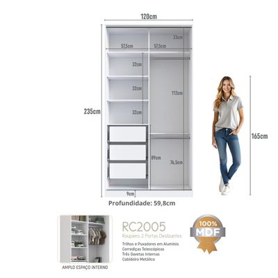 Guarda Roupa Solteiro Espelho Branco 2 Portas de Correr 120x59,8x235cm RC2005 Emovell