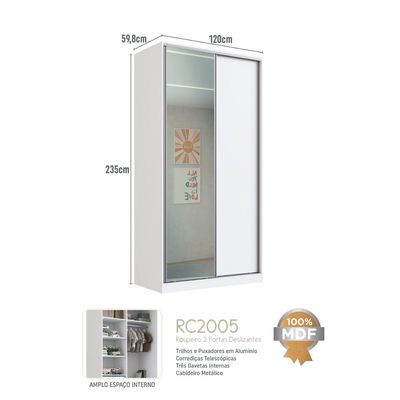 Guarda Roupa Solteiro Espelho Branco 2 Portas de Correr 120x59,8x235cm RC2005 Emovell