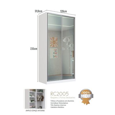 Guarda Roupa Solteiro Branco Espelho 2 Portas de Correr 120x59,8x235cm RC2005 Emovell