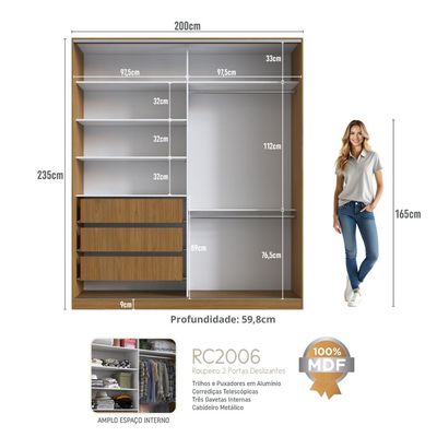 Guarda Roupa 2 Portas de Correr Freijó Natural 200x59,8x235cm Emovell