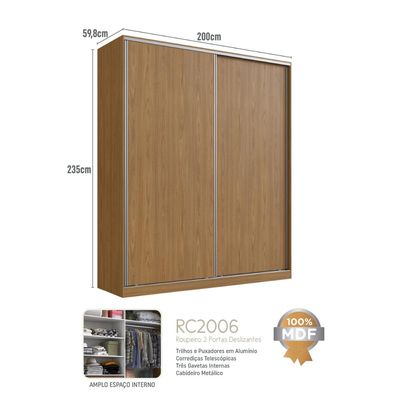 Guarda Roupa 2 Portas de Correr Freijó Natural 200x59,8x235cm Emovell