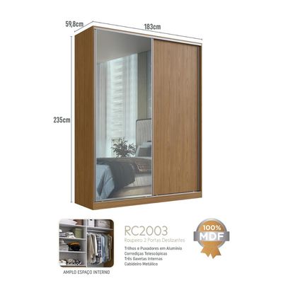 Guarda Roupa Solteiro Espelho Freijó Natural 2 Portas 3 Gavetas 183x59,8x235cm RC 2003 Emovell
