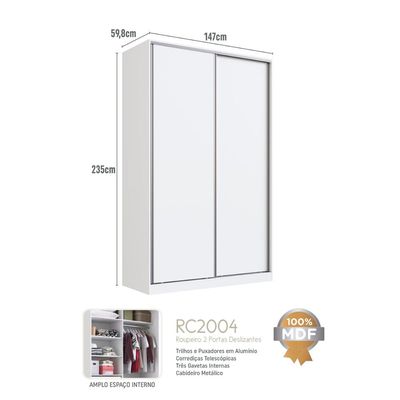 Guarda Roupa Solteiro 2 Portas 3 Gavetas Branco 147x59,8x235cm RC2004 Emovell