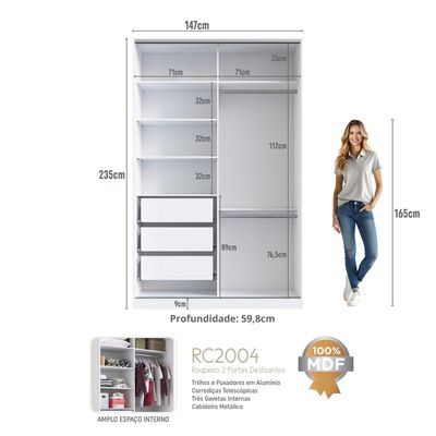 Guarda Roupa Solteiro 2 Portas 3 Gavetas Branco 147x59,8x235cm RC2004 Emovell