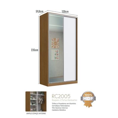 Guarda Roupa Solteiro Freijó Natural Branco Espelho 2 Portas de Correr RC2005 Emovell 120x59,8x235cm