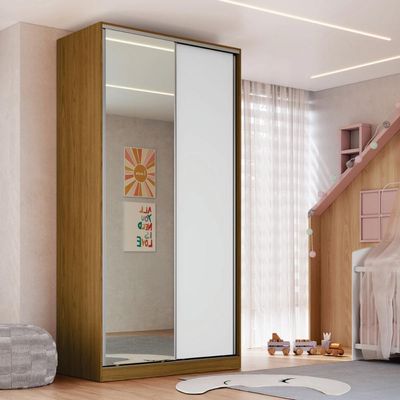 Guarda Roupa Solteiro Freijó Natural Branco Espelho 2 Portas de Correr RC2005 Emovell 120x59,8x235cm