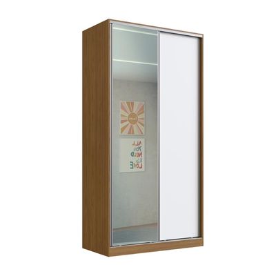 Guarda Roupa Solteiro Freijó Natural Branco Espelho 2 Portas de Correr RC2005 Emovell 120x59,8x235cm