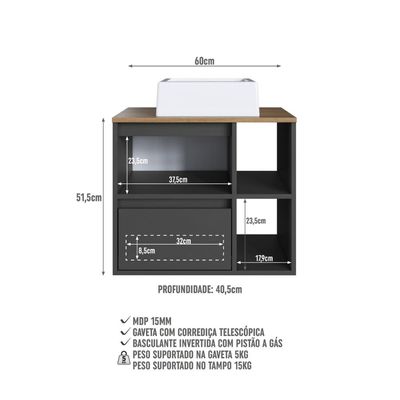 Gabinete de Banheiro Suspenso 60cm com 2 Nichos 1 Porta Basc