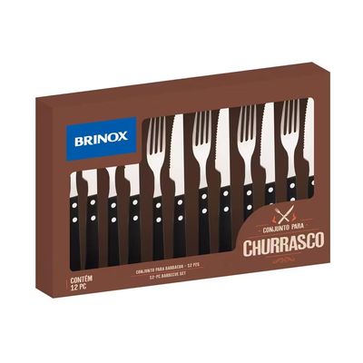 Conjunto de Talheres para Churrasco 12 Peças Aço Inox Cabo Ergonômico Brinox Preto