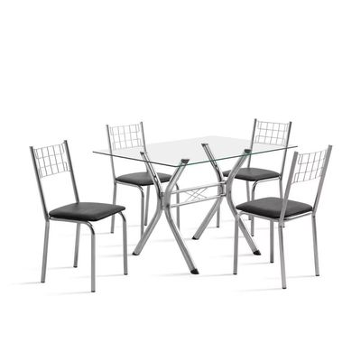 Conjunto Sala de Jantar Mesa Montana Tampo de Vidro 120x80cm e 4 Cadeiras Íris Aço Cromado Aço Nobre Incolor/Preto