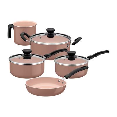 Jogo Panelas Évora 05 Peças Revestimento Cerâmico Tampas de Vidro Tramontina Capuccino